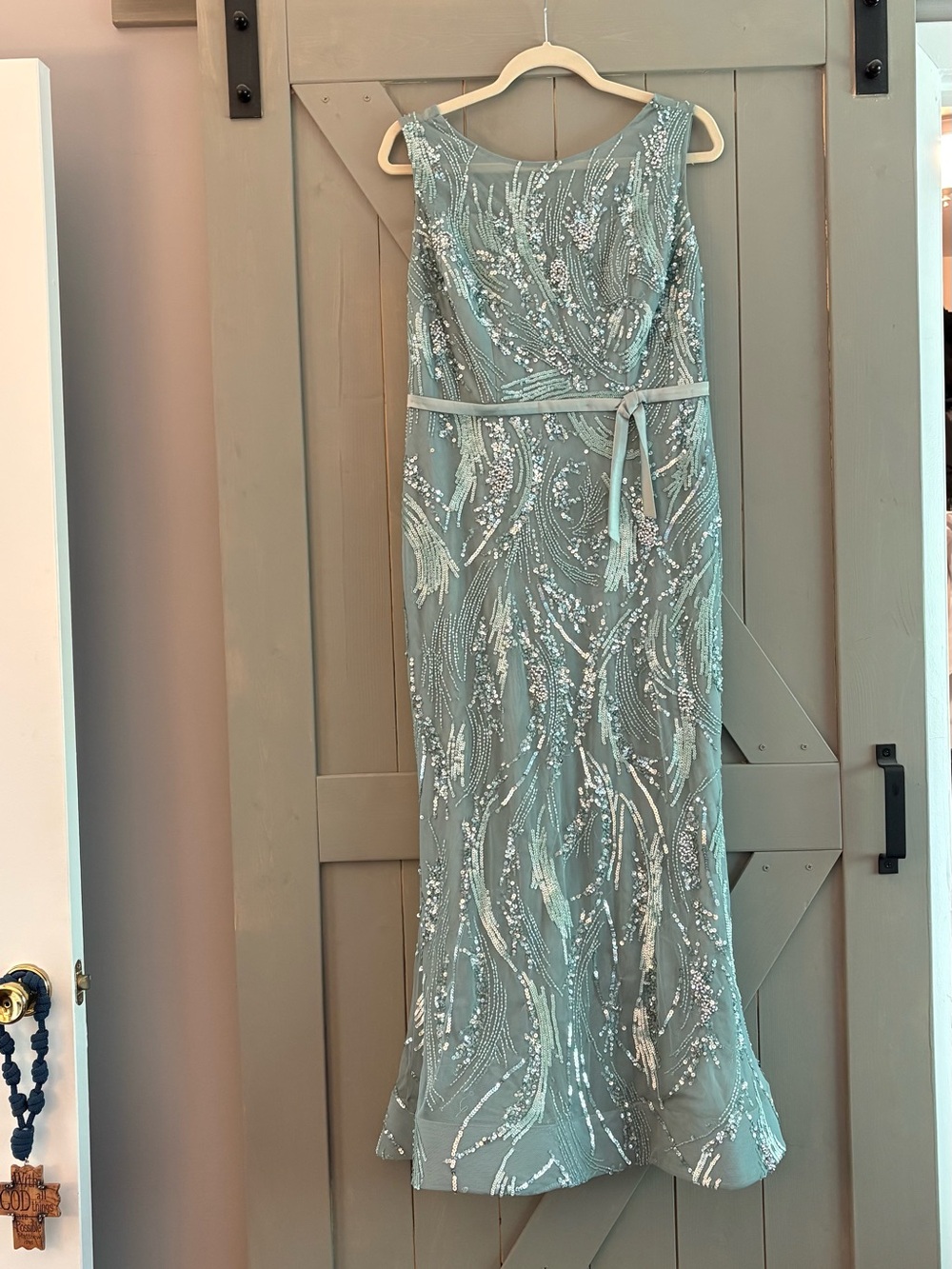 Mon Cheri sage green lace bodice evening dress